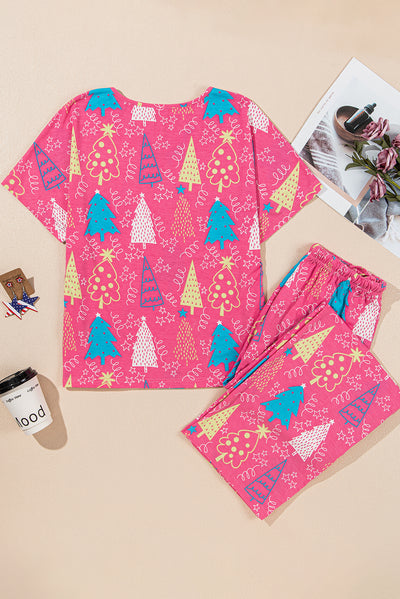 Rose Christmas Tree Print V Neck Tee and Pants Lounge Set-Loungewear & Sleepwear/Loungewear-MomFashion