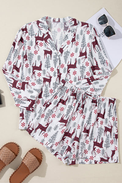 White Christmas Deer Printed Shirt and Shorts Lounge Set-Loungewear & Sleepwear/Sleepwear-MomFashion