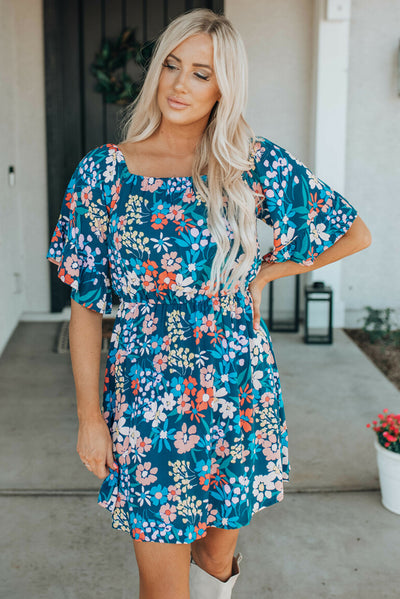 Blue Square Neck Ruffle Floral Dress-Dresses-MomFashion