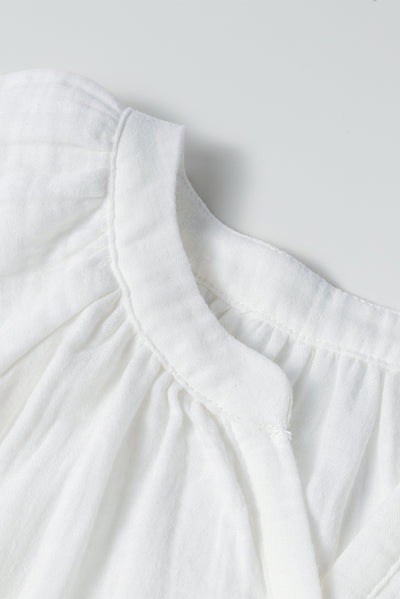 White Puff Sleeve Drawstring Shirt Dress with Pockets-Dresses-MomFashion