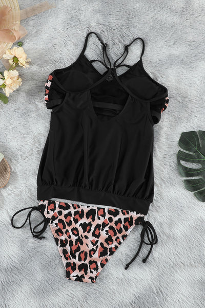 Leopard Tankini with Stripes Patchwork-Swimwear-MomFashion