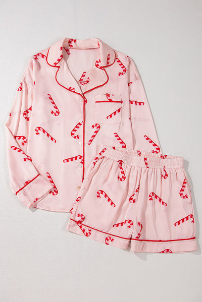 Pink Christmas Candy Cane Print Shirt and Shorts Pajama Set-Loungewear & Sleepwear/Sleepwear-MomFashion