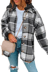 Gray Hooded Plaid Button Front Shacket-Outerwear-MomFashion