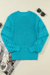 Turquoise Ruffled Eyelet Bubble Sleeve Sweater-Sweaters & Cardigans/Sweaters-MomFashion