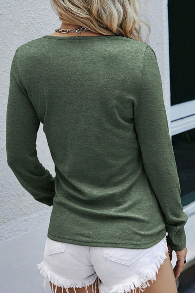 Mist Green Long Sleeve Snap Button Henley Top-Tops-MomFashion