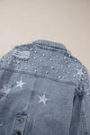 Sky Blue Distressed Pearls Star Cropped Denim Jacket-Outerwear-MomFashion