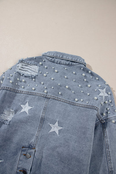 Sky Blue Distressed Pearls Star Cropped Denim Jacket-Outerwear-MomFashion