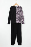 Black Contrast Leopard Long Sleeve Pullover and Joggers Outfit-Loungewear-MomFashion