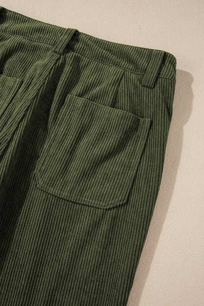 Green High Waist Square Pockets Corduroy Pants-Bottoms-MomFashion