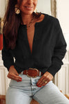 Black Lace Trim Ribbed Round Neck Button Up Cardigan-Tops-MomFashion