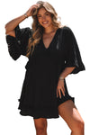 Black Ruffled 3/4 Sleeve V Neck Babydoll Mini Dress-Dresses-MomFashion