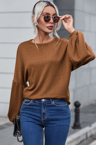 Faux Knit Jacquard Puffy Long Sleeve Top-Tops-MomFashion