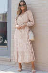 Leopard Surplice Neck Bubble Sleeve Maxi Dress with Sash-Dresses-MomFashion