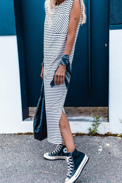 Black Stripe Chest Pocket Shoulder Padded Sleeveless Long Dress-Dresses-MomFashion
