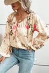 Beige Floral Print Lantern Sleeve V-Neck Blouse-Tops-MomFashion