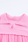 Pink Turn-down Neck Textured Bubble Sleeve Dress-Dresses-MomFashion