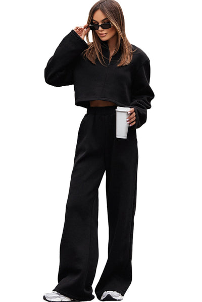 Black Zipped Collared Crop Top and Wide Leg Pants Set-Loungewear-MomFashion