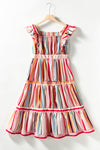 Pink Rainbow Stripe Ruffles Ruched Tiered Dress-Dresses-MomFashion