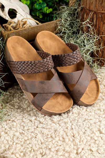 Brown Braided Detail Criss Cross Platform Slippers-Shoes & Bags-MomFashion