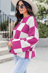 Bright Pink Checkered Round Neck Baggy Sweater-Tops-MomFashion