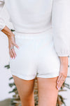 White Waffle Knit Buttoned Long Sleeve Crop and Shorts Lounge Set-Loungewear-MomFashion