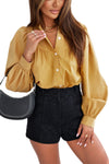 Yellow Puff Sleeve Pleated Loose Shirt-Tops-MomFashion