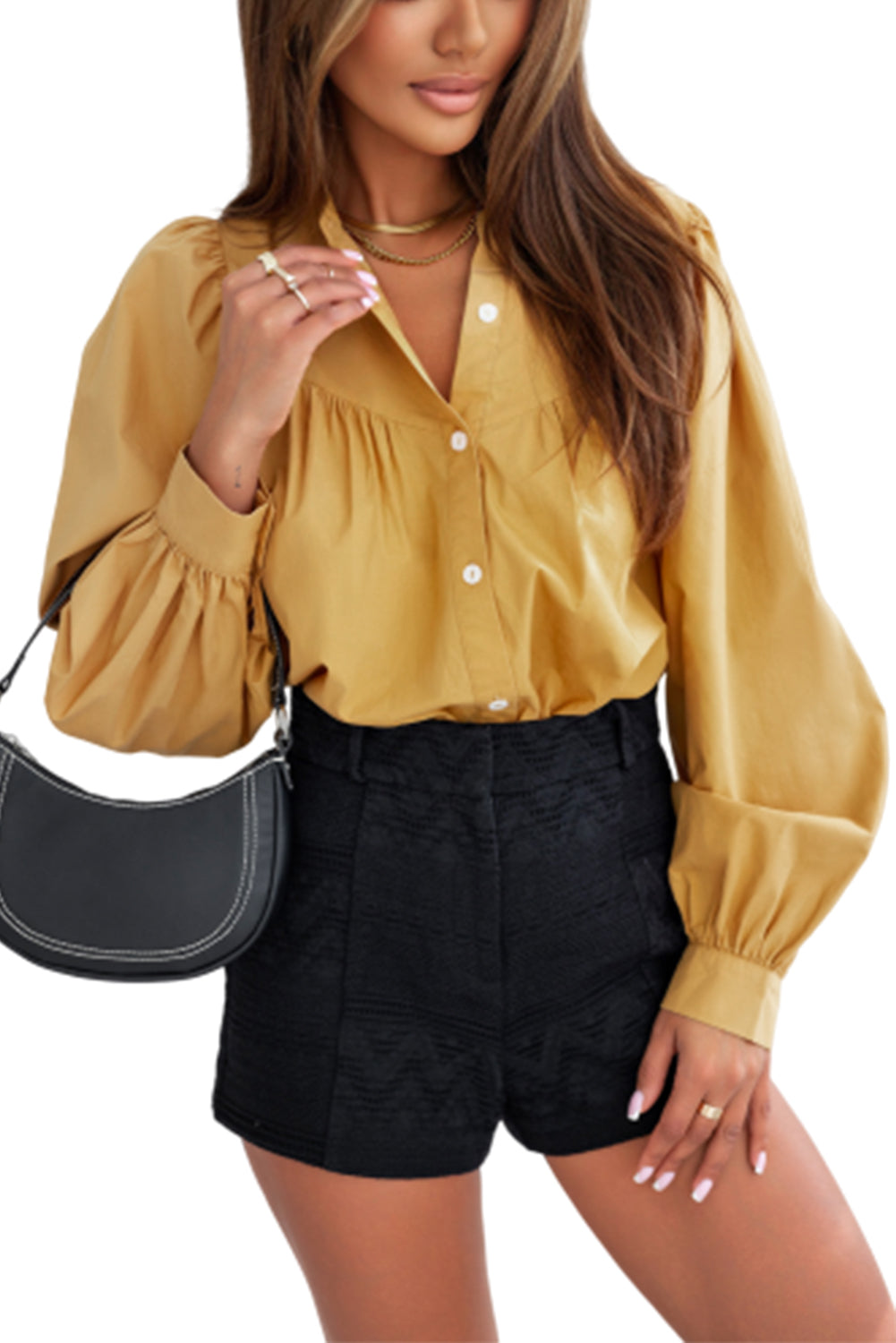 Yellow Puff Sleeve Pleated Loose Shirt-Tops-MomFashion