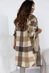 Khaki Plaid Button-Down Flap Pocket Long Shacket-Outerwear-MomFashion