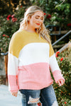 Yellow Colorblock Bubble Sleeve Plus Size Sweater-Plus Size-MomFashion