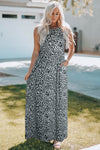 Gray Leopard Print Pocketed Sleeveless Maxi Dress-Dresses-MomFashion