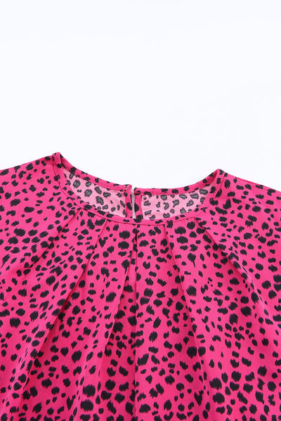 Rose Leopard Print Pleated Blouse with Keyhole-Tops-MomFashion