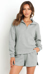 Gray Ribbed Zipper Sweatshirt and High Waist Shorts Set-Loungewear-MomFashion