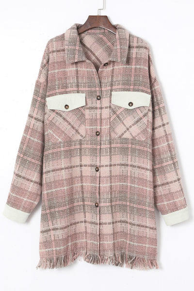 Pink Plus Size Macrame Plaid Coat-Plus Size-MomFashion