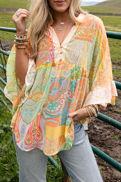 Multicolor Paisley Print Bell Sleeve Lace V-Neck Button Sheer Blouse-Tops-MomFashion