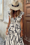 White Abstract Vein Print V Neck Ruffle Maxi Dress-Dresses-MomFashion