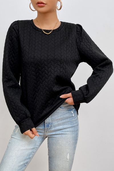 Black Cable Textured Puff Sleeve Sweatshirt-Tops-MomFashion