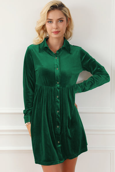 Green Long Sleeve Ruffle Velvet Button Up Dress-Dresses-MomFashion