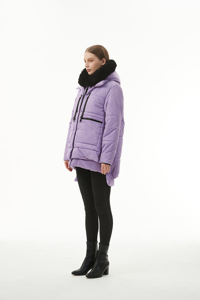 Wisteria Plush Linen Zip Up Hooded Puffer Coat-Outerwear-MomFashion