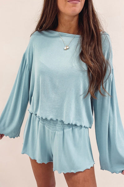 Sky Blue Long Sleeve Top & Shirred High Waist Shorts Set-Loungewear-MomFashion