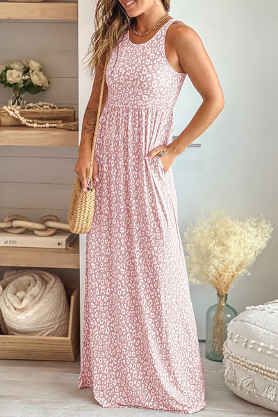 Pink Leopard Print Pocketed Sleeveless Maxi Dress-Dresses-MomFashion