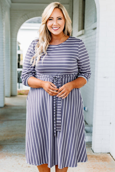 Gray Striped Tie Waist 3/4 Sleeve Plus Size Dress-Plus Size-MomFashion