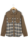 Brown Plaid Patchwork Pockets Denim Jacket-Outerwear-MomFashion