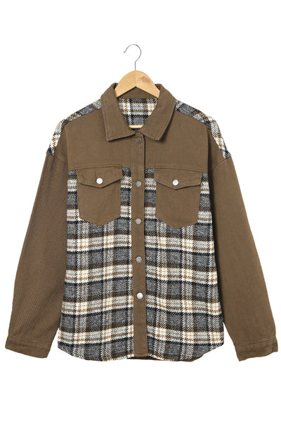 Brown Plaid Patchwork Pockets Denim Jacket-Outerwear-MomFashion