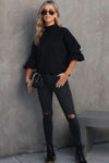 Black Turtleneck Drop Shoulder Bubble Sleeve Knit Sweater-Tops-MomFashion