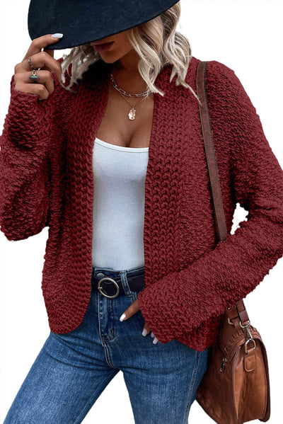 Fiery Red Popcorn Knit Open Front Cardigan-Tops-MomFashion