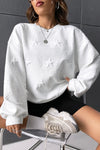 White Star Embossed Textured Drop Shoulder Sweatshirt-Tops-MomFashion