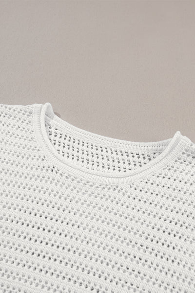 White Hollow Out Knit Cap Sleeve Sweater-Tops-MomFashion