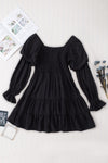 Black Boho Solid Shirred Ruffle Mini Dress-Dresses-MomFashion