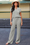 Gray Knitted V Neck Sweater and Casual Pants Set-Loungewear-MomFashion