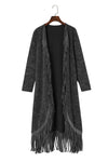 Black Fringed Hem Pocketed Open Cardigan-Tops-MomFashion